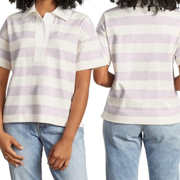 Everlane Polo Jersey Womens S Purple Organic Striped Retro 80s 90s Preppy Spring - Picture 1 of 10